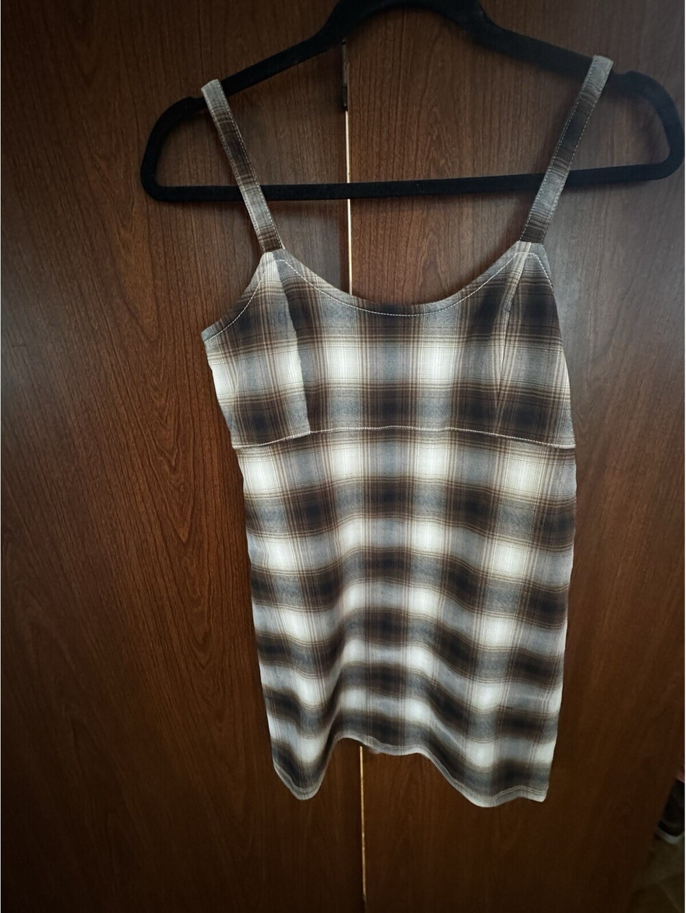 Hollister Women’s M Plaid Mini Dress Brown Gray Stretch Cami 90s Y2K Clueless